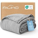 RILIHO Cotton Muslin Throw Blankets for Hot Sleepers, Grey, 50"x60" | 6-Layer Cooling &amp; Lightweight Gauze Blanket, 20% Rayon Derived from Bamboo, 80% Cotton, Soft &amp; Breathable, All Season Use