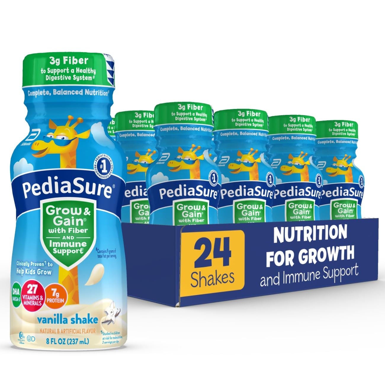 PediaSure Grow & Gain with Fiber Nutritional Shake for Kids, 7g Protein, 3g Fiber to Support a Healthy Digestive System, DHA Omega-3, Non-GMO, Vanilla, 8-fl-oz Bottle, Pack of 24