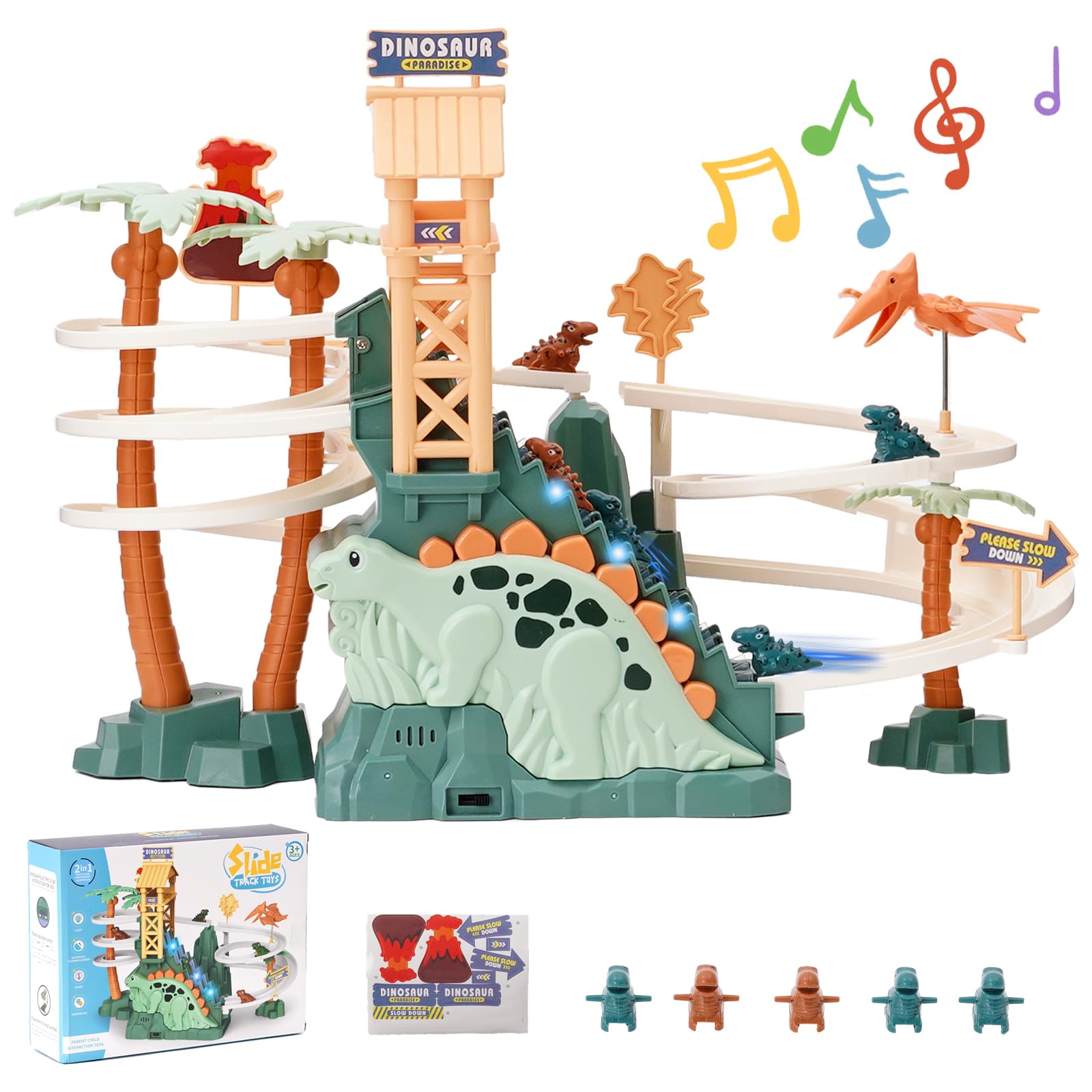 Race Track Toy Double Loop Track Slide Set Climbing Stairs Toys Dinosaur Tracks Race Car Toys with Music Light Orbit Chasing Toy Gift for Kids Toddlers Boys Girls