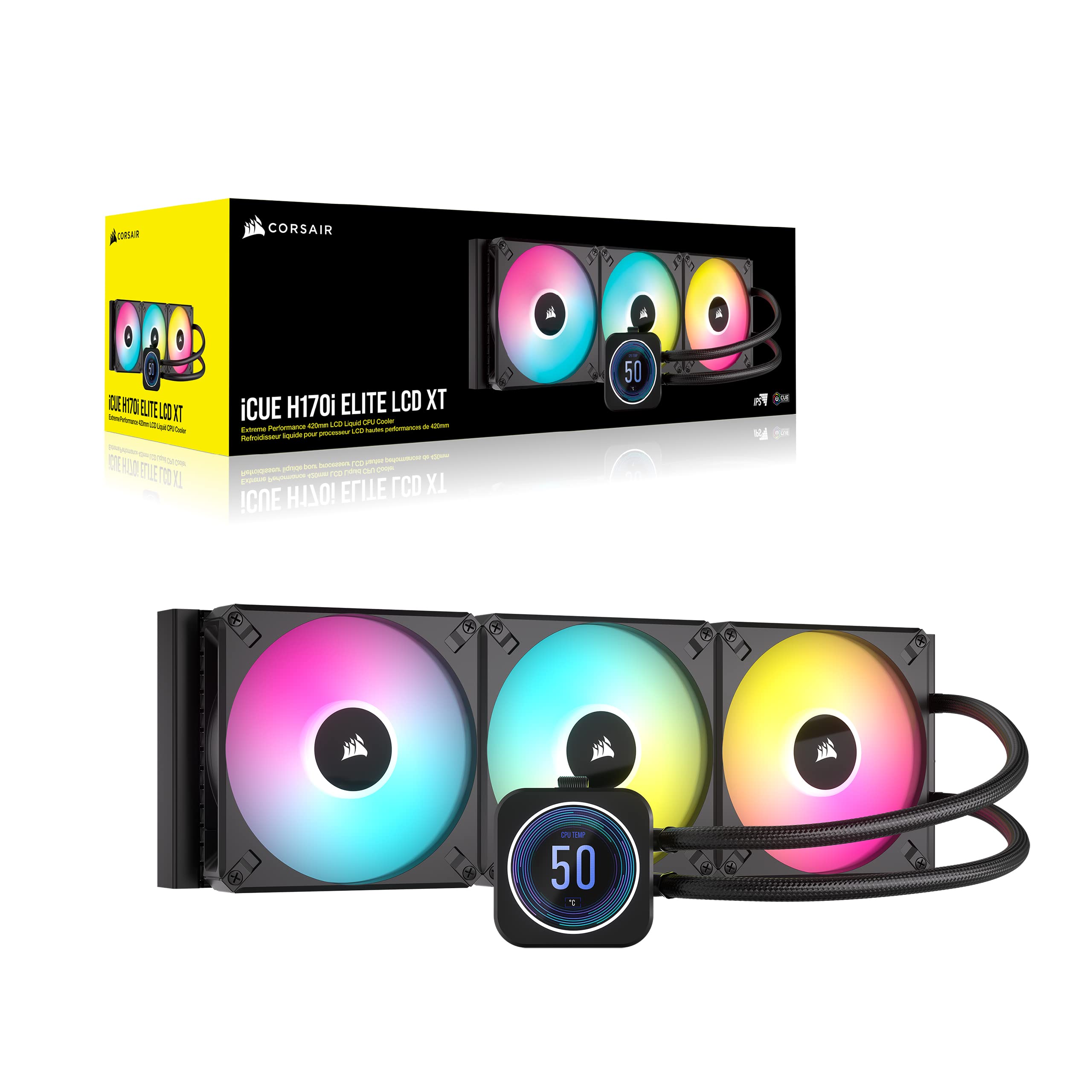 Corsair H170i Elite XT 420mm RGB Liquid CPU Cooler - IPS LCD Screen - AF140 RGB Fans - Fits Intel/AMD - iCUE Commander CORE - Black