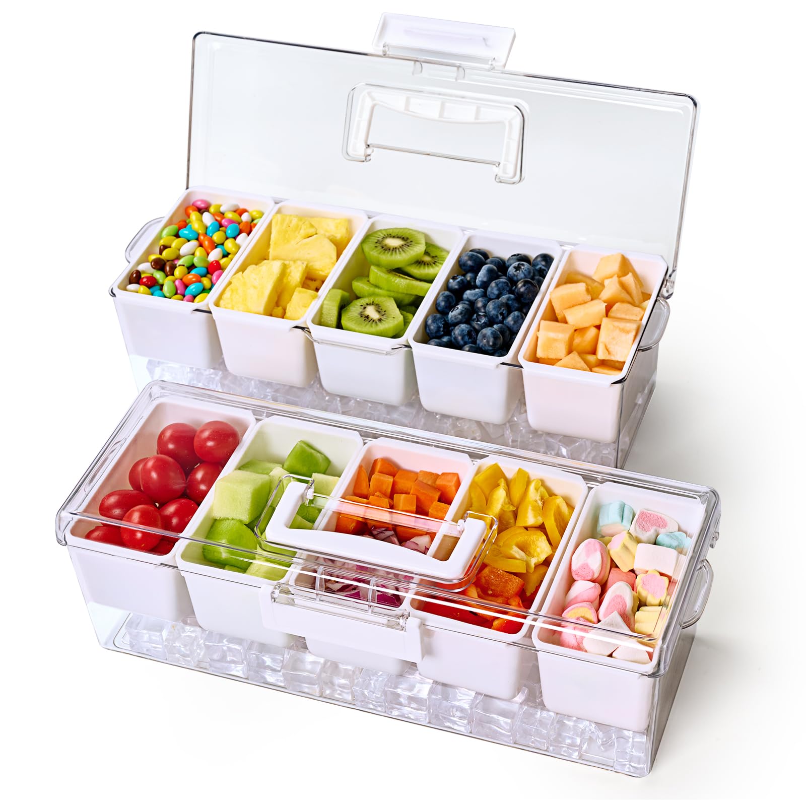 Photo 1 of 2 Pack Chilled Condiment Tray Server with 5 Removable Compartments Containers & Hidden Handle Design, Ice Chilled Condiment Organizer, Clear Garnish Serving Tray Platter for Camping, Fruit, Salad