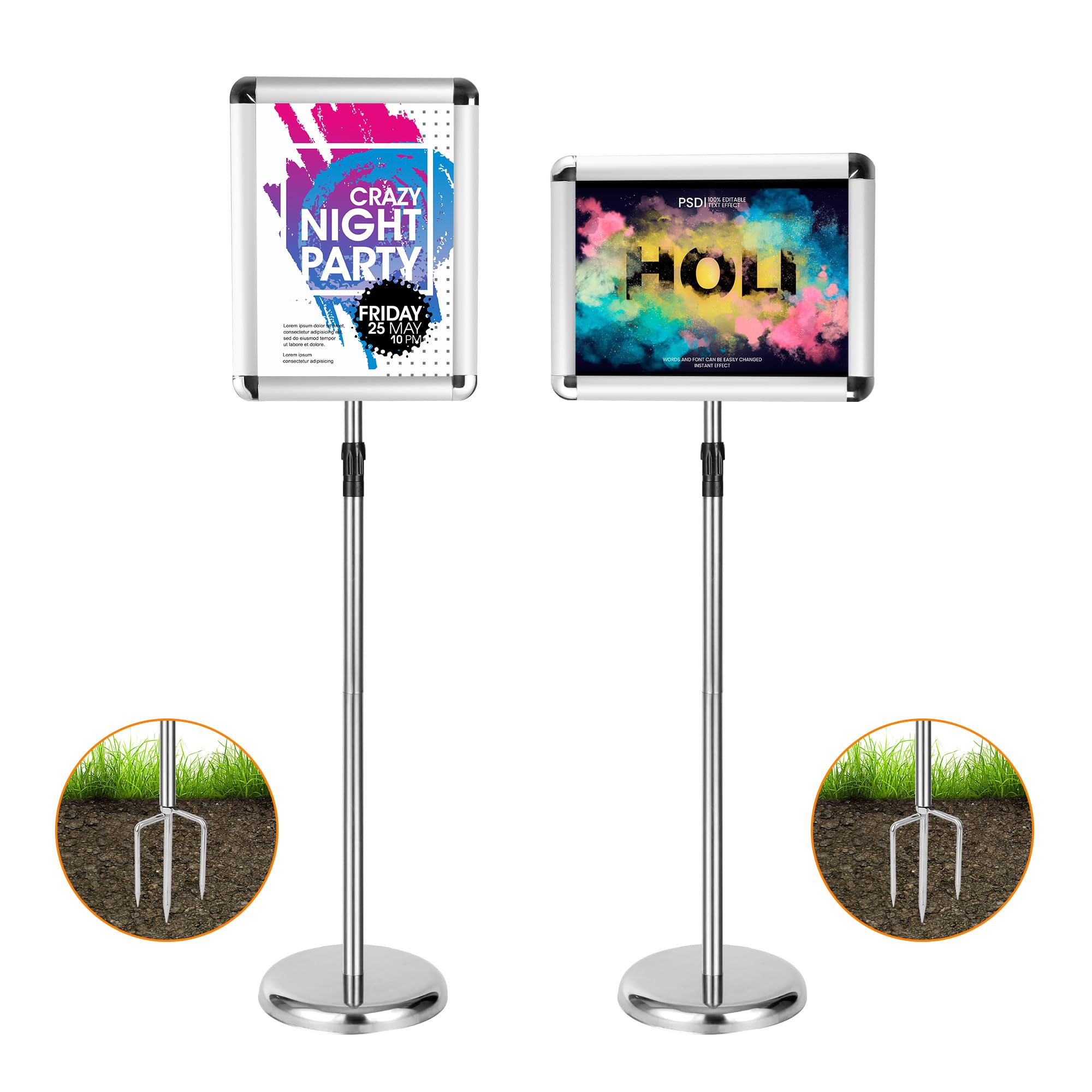 Photo 1 of NRONGU 2 Pack Sign Holder Stand 8.5 x 11, With 3-Prong-Base & Round Base, Poster Stand Aluminum Snap Open Frame for A4 Size Outdoor Indoor Sign Stand, Height Adjustable-Silver