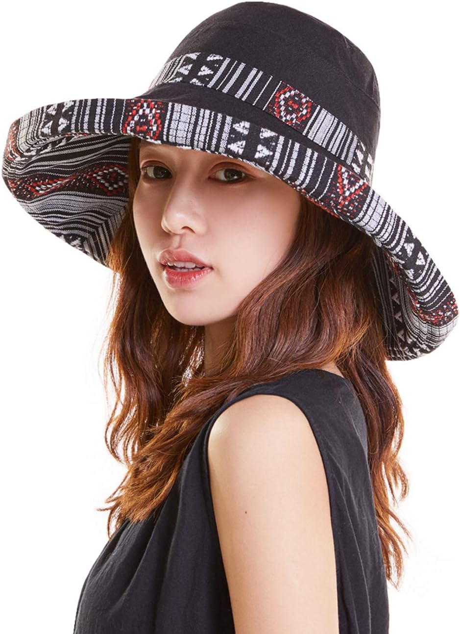 Cotton Linen Wide Brim Bucket Hats for Women Foldable Beach Sun Protection Hats with Chin Strap
