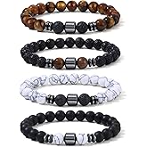 Giovanchi 4-12PCS Bracelets for Men, 8MM Mens Bracelets Lava Rock Black Obsidian Howlite Tiger Eye Beaded Natural Stone Bracelet Jewelry Gifts for Birthday Christmas
