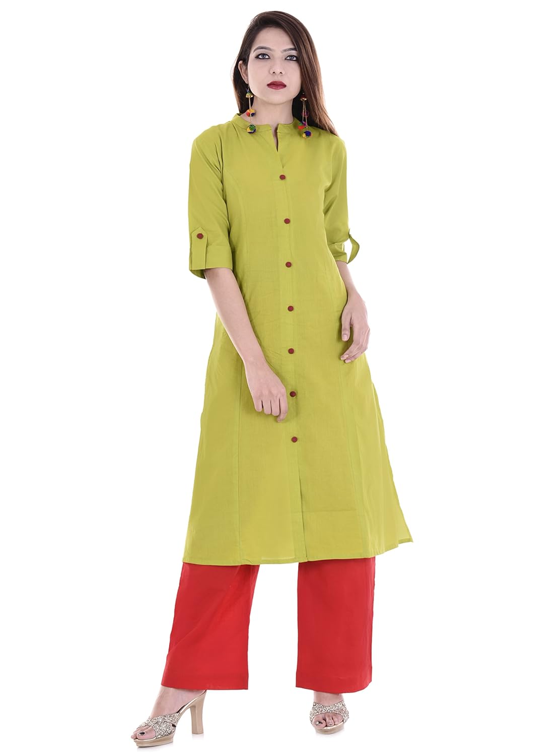 palakh women's cotton light green front button kurti with red palazzo