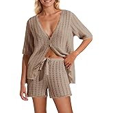 Saodimallsu Women Crochet 2 Piece Swimsuit Cover Up Short Sleeve Knit Tops Shorts Sets Summer Beach Vacation Outfit