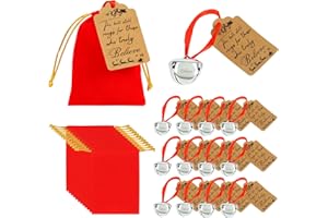 Bylion 12 Sets Christmas Polar Santa Sleigh Bell Set with Reindeer Bell, Red Velvet Bag with Golden Drawstring for Tree Home Decor Keepsake Gifts