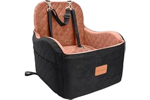 Lealchum Dog Booster Car Seat for S/M Dogs Up to 35lbs,Soft 6in Elevated Cushion,Fits in Front/Back Seat,Fully Detachable and Washable,2 Storage Pockets & 3 Straps,Easy to Install (Black/Brown,Medium)