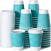 MATICAN Paper Coffee Cups, 50-Pack 12-oz Insulated Corrugated Disposable Paper Cups, With Lids, Ripple Wall Cups for Hot Beverage or Cold Drinks, Turquoise