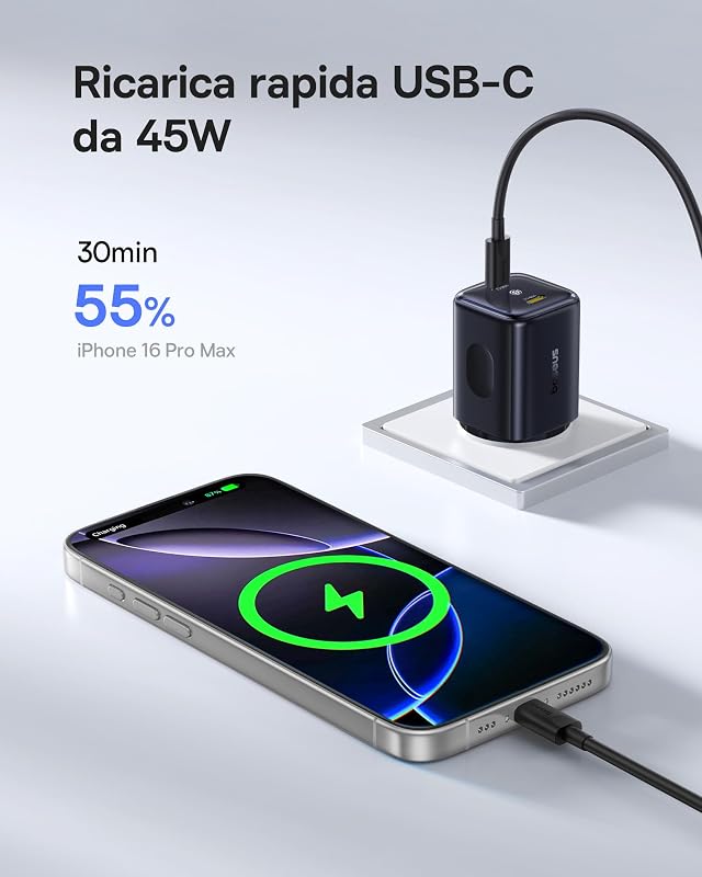 PicoGo II Caricatore USB C 45W, Alimentatore USB C a 2 Porte PD 3.0 PPS Ricarica Rapida Compatibile con iPhone 17/17 Pro Max/16-12, Galaxy S25 Ultra, Pixel, iPad Pro/Air, Steam Deck
