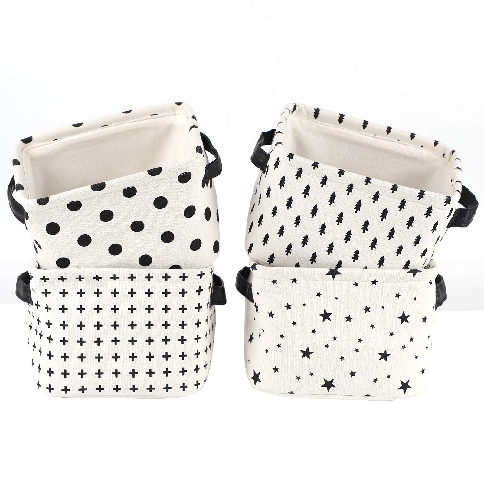 LessMo 4 Pack Storage Baskets, Collapsible Mini Storage Boxes, Canvas Fabric Waterproof Storage Bins made from Cotton and Linen, for Toys, Bathroom, Closets, Playroom (BLACK-SPOT, Thick fabric)