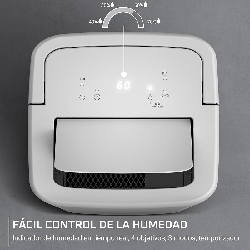 Compacto Extremamente Seco +, Desumidificador 16L/dia para divisões até 40m², secagem da roupa 30% mais rápida, silencioso <40,5dB, 3 modos com temporizador, indicador de humidade, DH5260F0