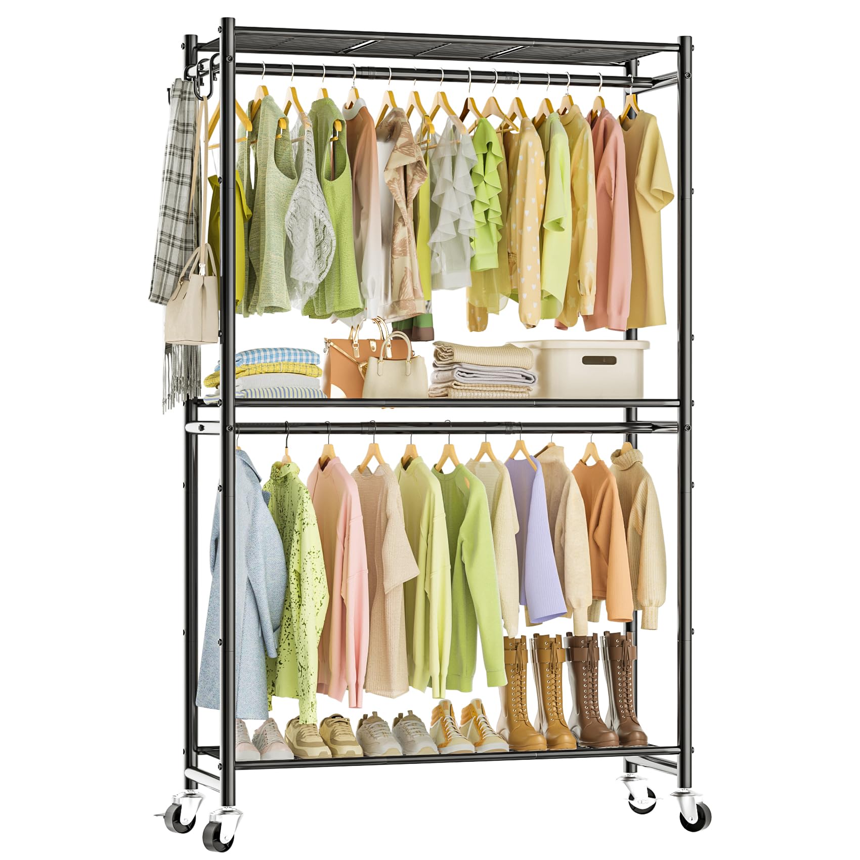 Photo 1 of Neatrays Rolling Clothes Rack for Hanging Clothes, 47.2"x 11.8"x 79" Large Capacity Garment Rack with Double Rods & 3 Wire Shelves, Portable Closet with Wheels for Bedroom, Laundry, Balcony (Black)