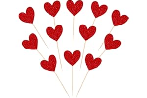 YCTHUNFISH 40 Pack Red Heart Cupcake Toppers Glitter Love Heart Valentine Cupcake Picks for Valentine's Day Theme Wedding Engagement Bridal Shower Birthday Party Cake Decorations Supplies