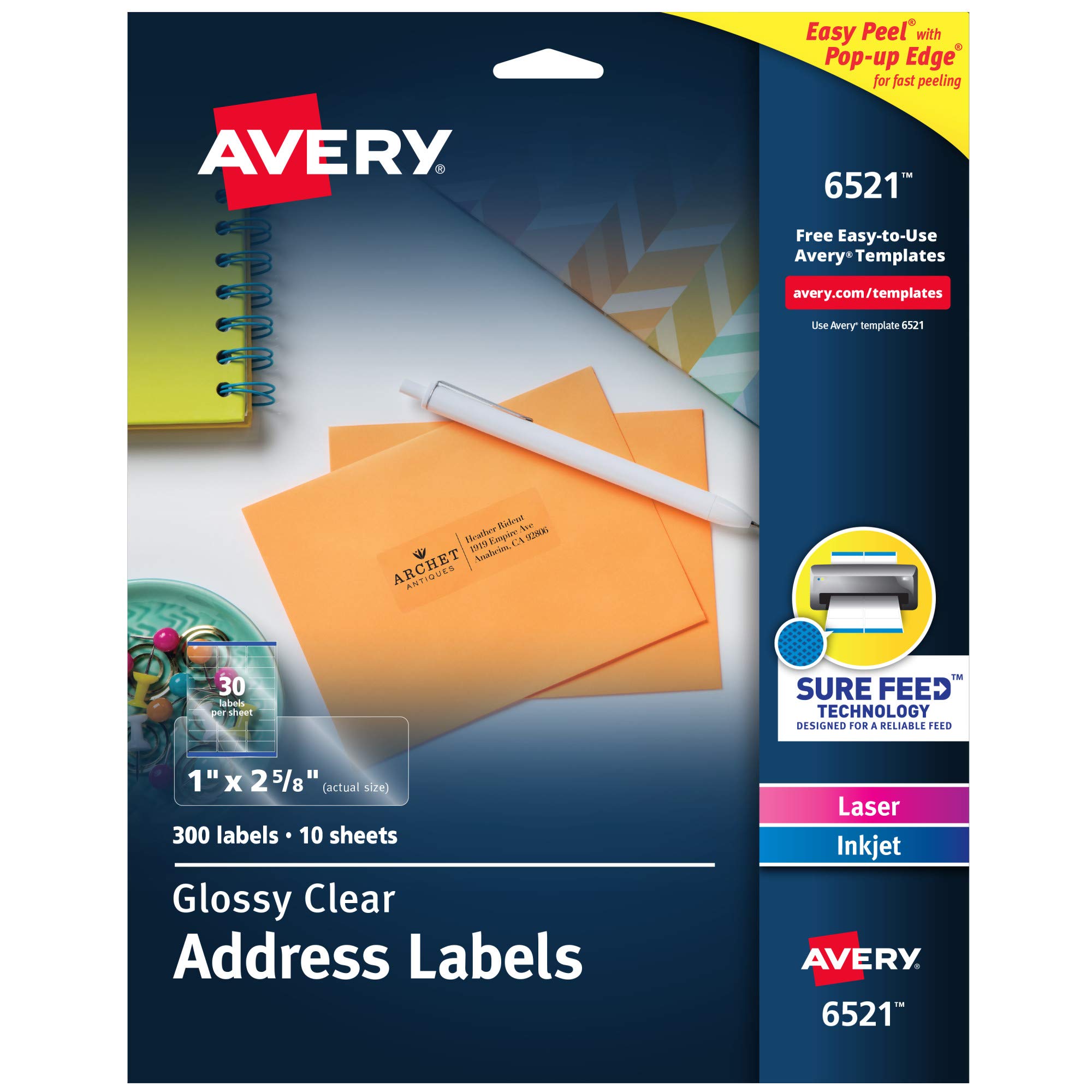 Avery Glossy Clear Address Labels, Sure Feed Technology, Laser/Inkjet, 1" x 2-5/8", 300 Labels, 5 Packs (6521) Image