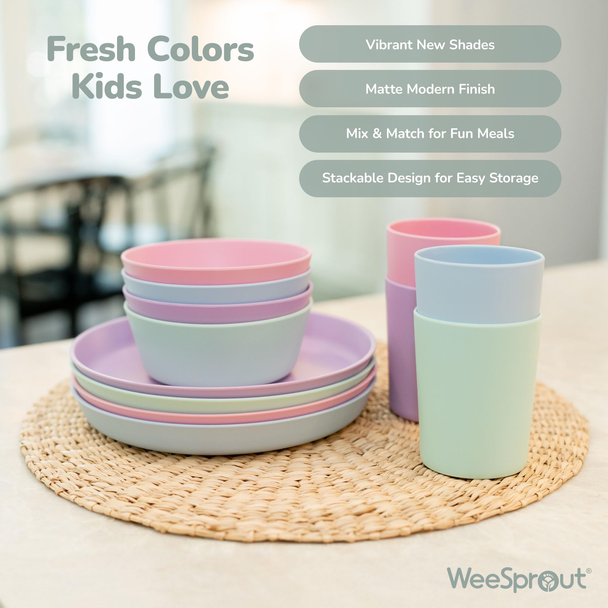 WeeSprout Bamboo Plates, Set of 4, Kid-Sized Dinnerware, Dishwasher Safe Melamine Dishware (Blue, Green, Gray, & Beige, Without Lids)
