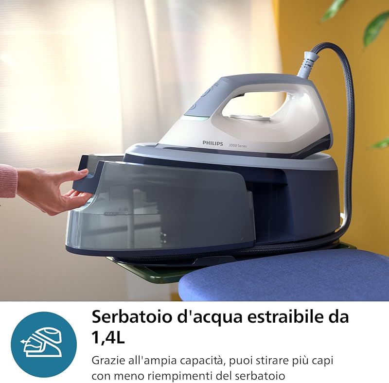 Ferro da stiro con Generatore di Vapore Serie 3000, 2400W, 120g/min di Vapore Continuo, Colpo Vapore da 350g, 6 Bar, Vapore Verticale, Piastra in Ceramica, Azzurro Intenso (PSG3000/20)