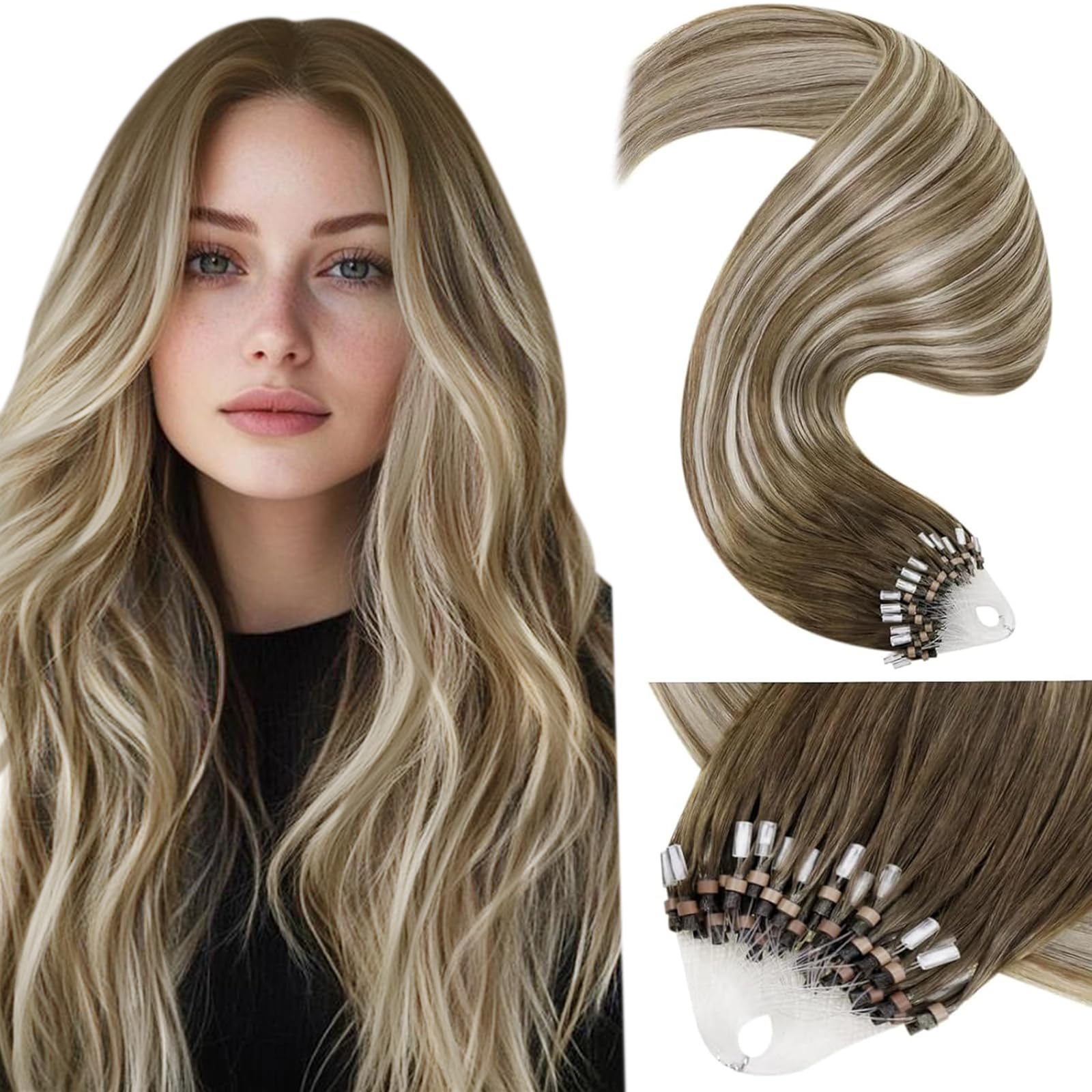 LaaVoo Micro Loop Hair Extensions Real Human Hair Blonde Remy Straight Balayage Light Brown to White Blonde Invisible Micro Ring Hair Extensions 50g 50s 16 Inch #8/60/8 — image 1