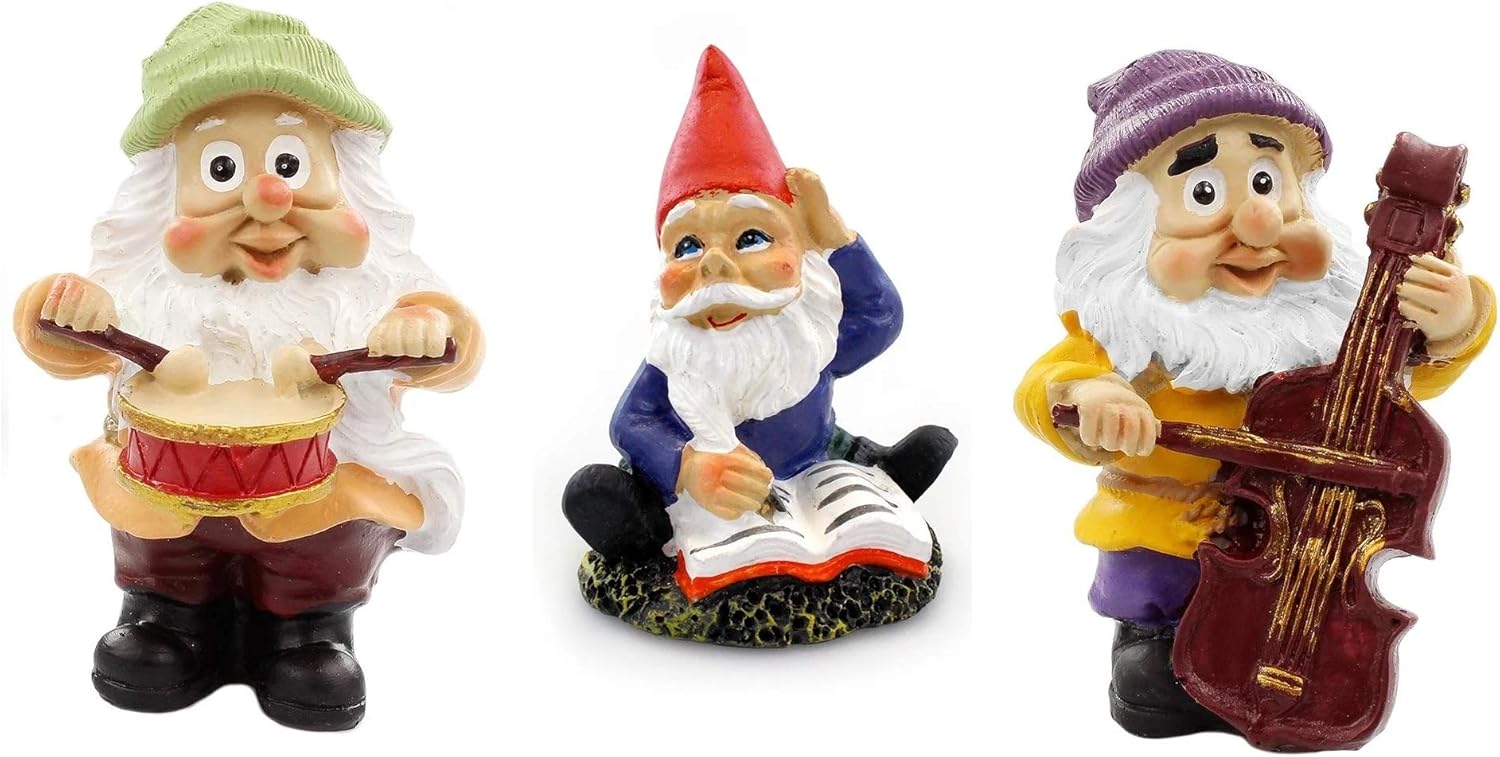 NW Wholesaler Fairy Garden Gnome Kit - Set of 3 Miniature Gnome Figurines for Fairy Gardens and Mini Displays (Book-Drums-Cello)