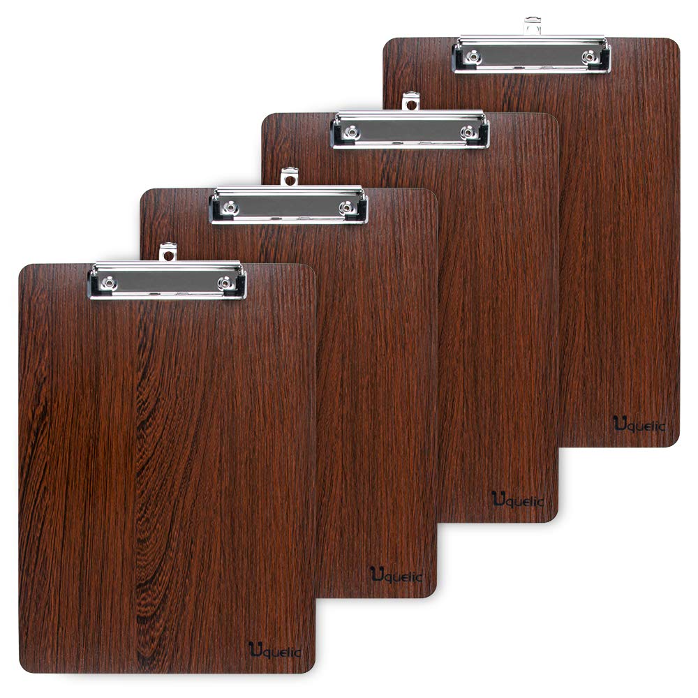 Uquelic 4pcs A4 Durable Wooden Clipboards with Hanging Hole, Designed for Office Work Classroom Business Restaurant (Coffee Color)