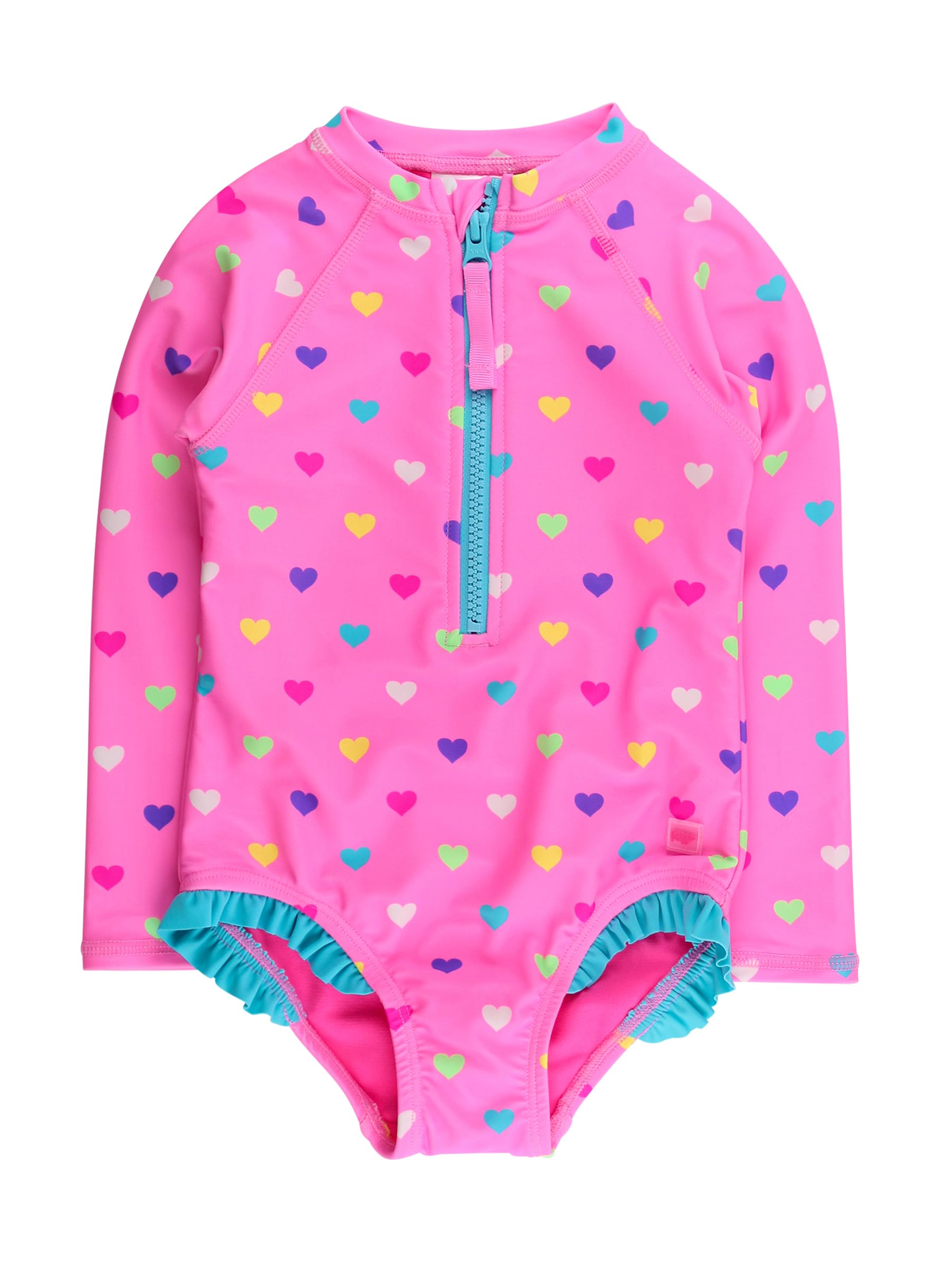 RuffleButts Girls UPF50+ Sun Protection Front Zipper Long Sleeve Rash Guard One Piece Swimsuit - Neon Pink Colorful Hearts, 2T Image