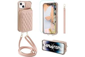 MONASAY Zipper Wallet Case Compatible for iPhone 15 Plus/14 Plus,6.7in[Screen Protector][RFID Blocking] Flip Leather Handbag Phone Cover with Card Holder&Detachable Crossbody Lanyard Strap, Rosegold