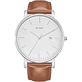 BUREI Men Watches Brown Leather Fashion Minimalist Wrist Watch Simple Ultra Thin Waterproof Quartz Watches All Black Stainless Steel Mesh Band,Gift for Men Women