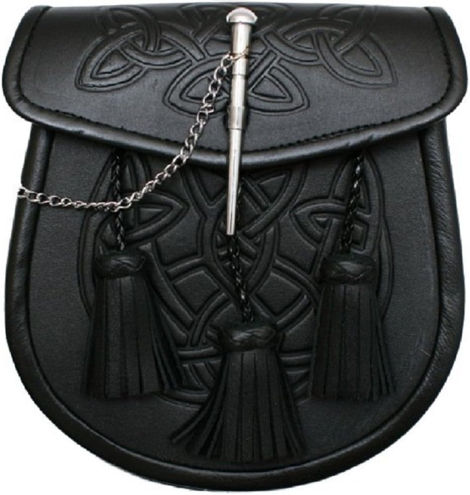TartanistaMens Semi-Dress Sporran Black With Celtic Design Flap & Pin Lock