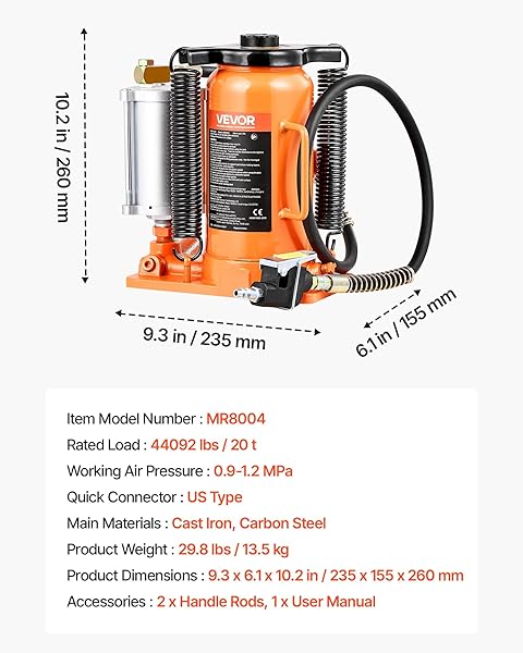 VEVOR AIR HYDRAULIC BOTTLE JACK, 20 TON/40000 LBS ALL WELDED BOTTLE JACK, 10.4-19.7 INCH LIFTING RANGE, MANUAL HANDLE AND AIR PUMP, FOR CAR, PICKUP, TRUCK, RV, AUTO REPAIR, INDUSTRIAL ENGINEERING