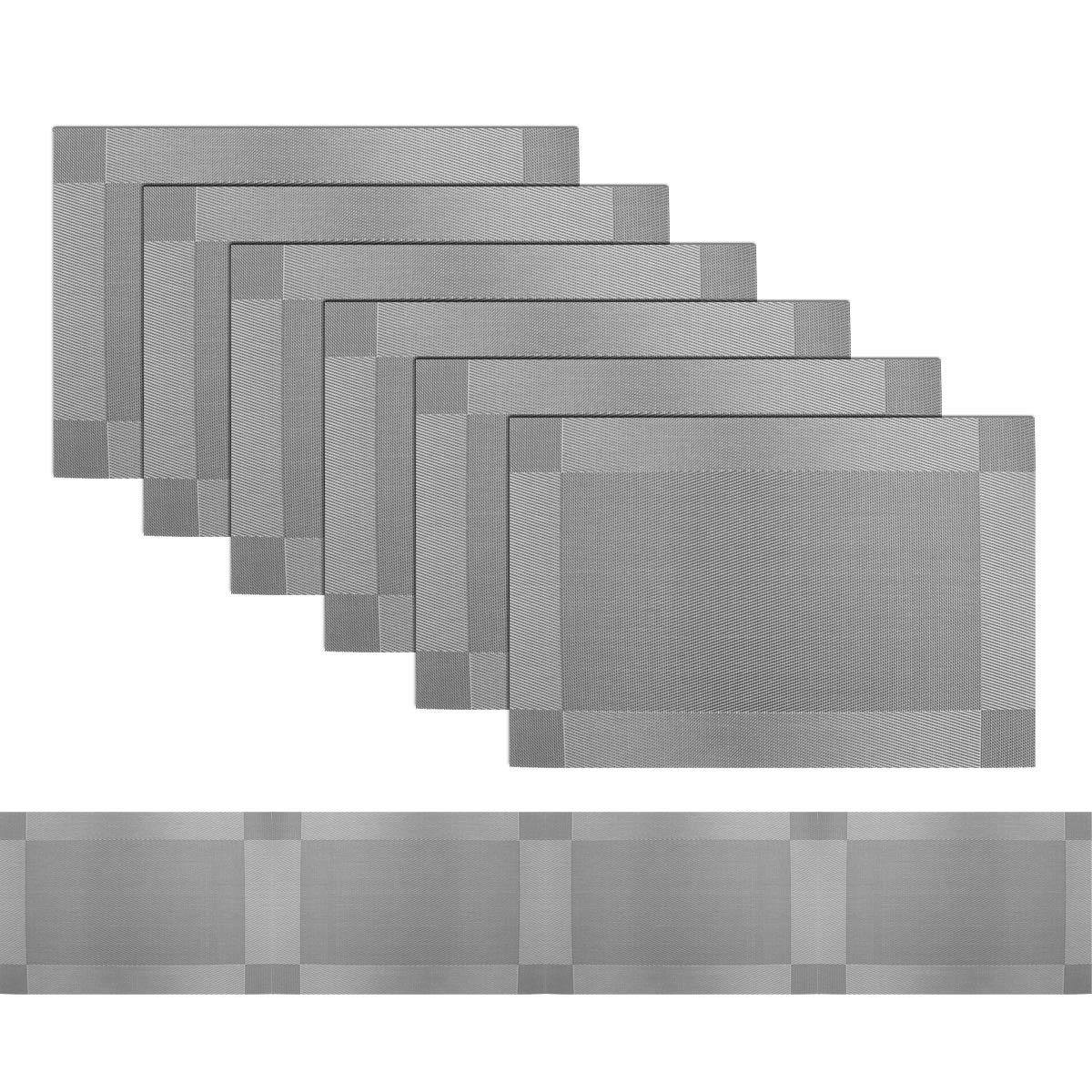 pigchcy Grey Elegant Placemats and Table Runner Set Vinyl Washable Placemats for Dining Table Set of 6 (45 x 30 cm + 45 x 180 cm) — image 1