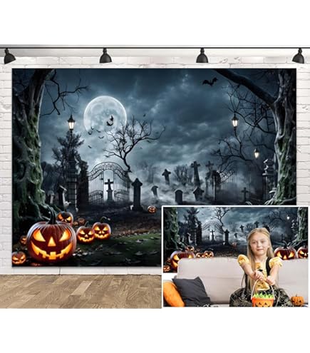 Halloween Cemetery Backdrop 15x8ft - Haunted House Photography Background With Full Moon