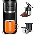 Famiworths Mini Coffee Maker Single Serve, Instant Coffee Brewer One Cup for K Cup & Ground Coffee, 6 to 12 Oz Brew Sizes, Capsule Coffee Machine with Water Window and Descaling Reminder, Black