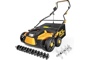 TIECTOWN 2025 Upgrade 16-Inch 15.5 Amp 2-in-1 Electric Dethatcher and Scarifier with 14.5-Gallon Collection Bag, Lawn Dethatcher with 5-Position Depth Adjustment, Keeps Lawn Healthy - Bold Yellow