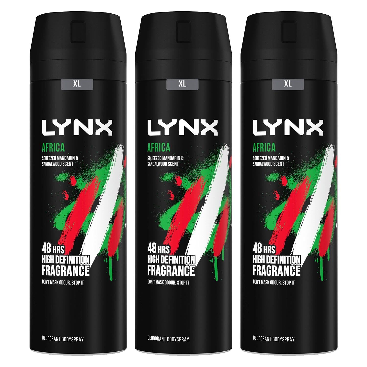 Lynx XL Africa Body Spray Deodorant for Men 3 Pack, 48-Hour Odour Protection Warm Scent of Mandarin and Sandalwood, Men's Deodorant Spray with Zinc Technology, 200ml Each