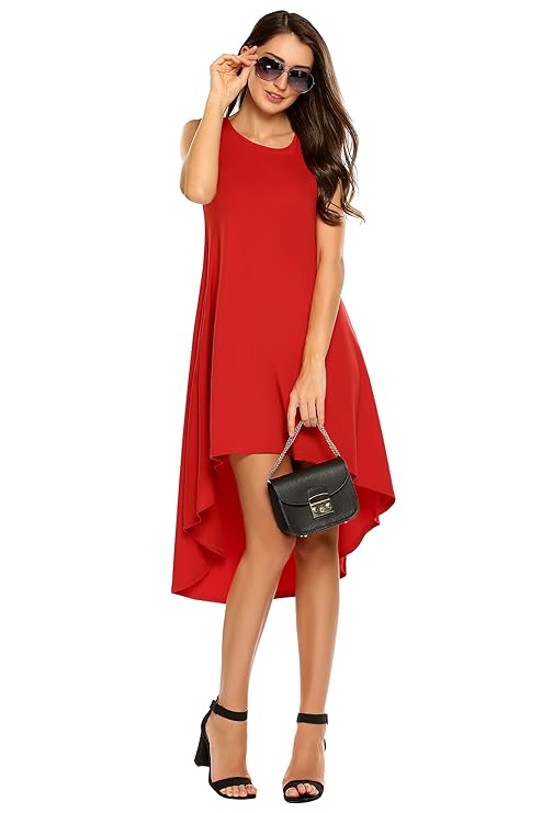 Meaneor Damen Elegant Ärmelloses Sommerkleid Cocktailkleid Vokuhila Strandkleid Party Tank Kleid mit Taschen