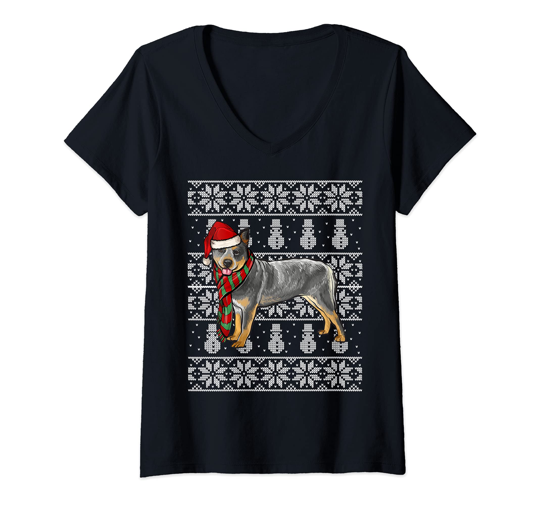 Womens Santa Hat Xmas Australian Cattle Dog Ugly Christmas V-Neck T-Shirt