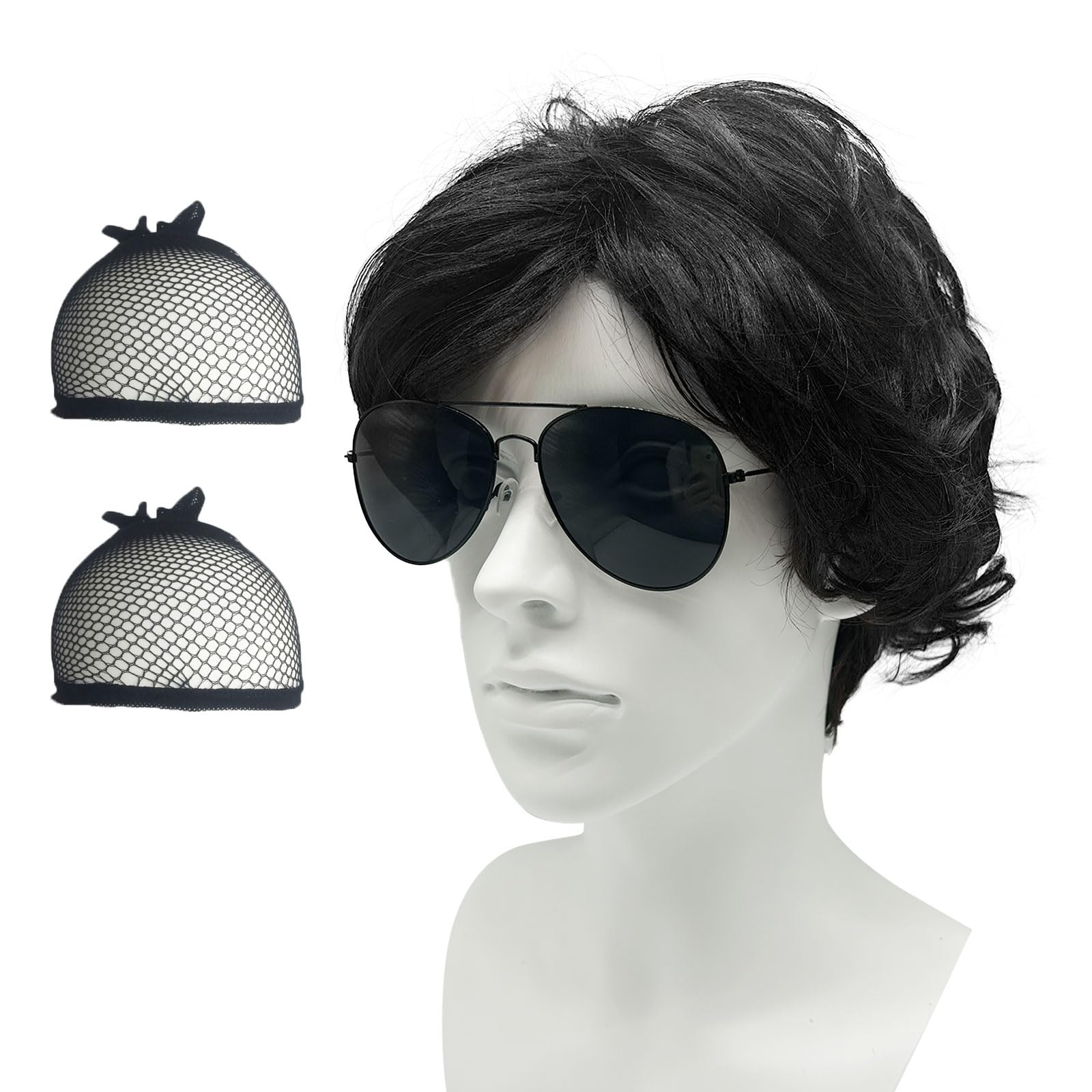 SKHAOVS Black Men's Wig - 70s 80s Disco Short Curly Fluffy Cosplay Halloween Daily Costume - Rocking Dude Punk Rocker Character - Layered With Adjustable Straps (Black)