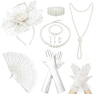 Vieyomn Tea Party Accessories for Women Fascinator Hats Lace Gloves Fan Pearl Set Halloween Cosplay Tea Party Outfit
