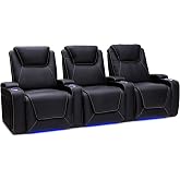 Seatcraft Pantheon Home Theater Seating Black Row of 3 | Italian Leather, Big &amp; Tall, Powered Headrest &amp; Lumbar, Power Recline, USB-A charging