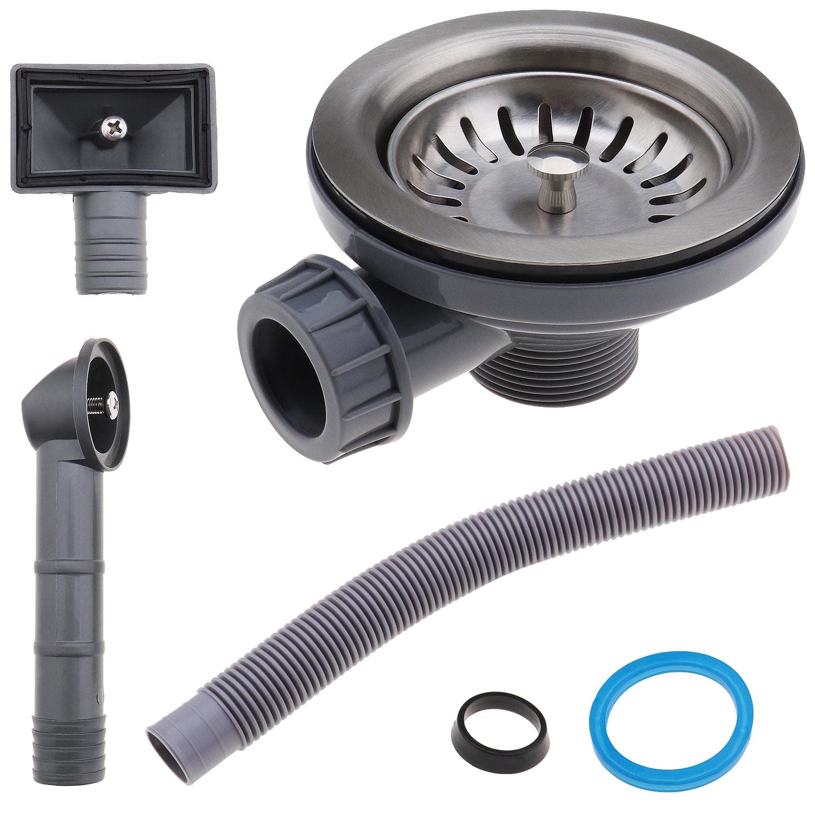 The Lord of the Tools Set of 3 Kitchen Sink Collection Metal Sink Drain Strainer Stopper Waste Plug Kit with Square and Round Overflow Lids Kitchen Sink Accessory 120mm for 4.6cm Sink Hole