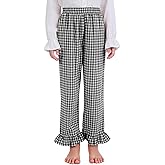 Flygo Girls Cotton Plaid Pants Gingham Elastic Waist Ruffle Hem Wide Leg Pants Cute Trousers for Teen Girl 5-14 Years