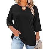 Rapbin Womens Plus Size Tops 3/4 Length Sleeve Shirts Crewneck Dressy Casual Blouses Trendy Keyhole Tunic Top XL-5XL