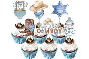 JOYMEMO 24 Pcs Little Cowboy Baby Shower Cupcake Toppers - Blue Brown Western Cowboy Baby Shower Decorations, Double Sided Wild West Cake Decor for Pregnancy Celebration Newborn Party