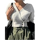 WDIRARA Women's Wrap V Neck Sweater Button Front Long Sleeve Crop Knitted Top