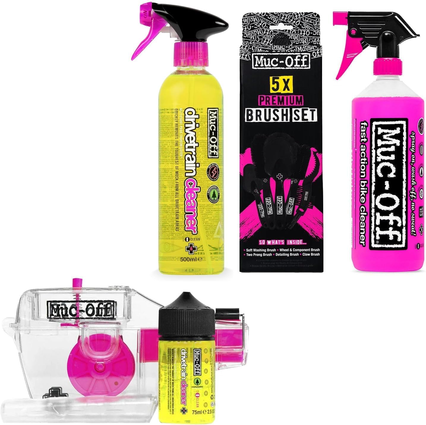 Muc-Off Bike Drivetrain Cleaner 500ml + Nano Tech motorcycle cleaner spray 1L + X3 Bike Chain Cleaner Tool + 5x Premium Brush Set | All-in-one Motorcycle Cleaning Kit | Eco-Friendly Formula Image