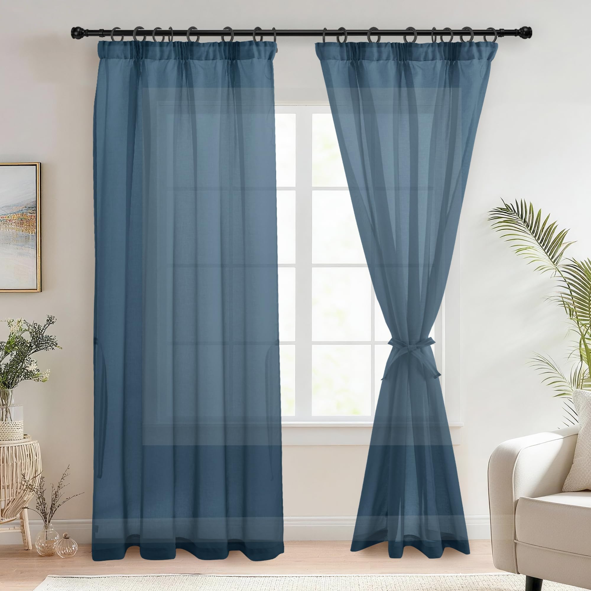 DWCN Navy Blue Voile Curtain Pencil Pleat with Tie Backs Rod Pocket Curtain Sheer for Door 2 Panels, Blue, W55 x L96 Inch