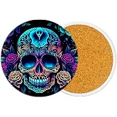 2Pcs Colorful Skull Ceramic Coasters with Cork Base Absorbent Cup Mat | 3.9 Inch Drinks Coaster for Table Office Desk Decor Coffee Cup Wine Beer,Gifts for Women,Men,Friends,Housewarming