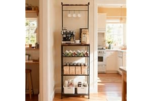 Faesun Small Coffee Bar Station, 5-Tier Bakers Rack with Storage, Corner Coffee Stand Station for Small Space, for Kitchen, Entryway, Living Room, with 3 S-Shaped Hooks, Rustic Brown