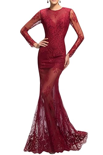 Sunvary Burgundy Lace Mermaid Mother of The Bride Dresses with Long Sleeves Size 17W- Burgundy