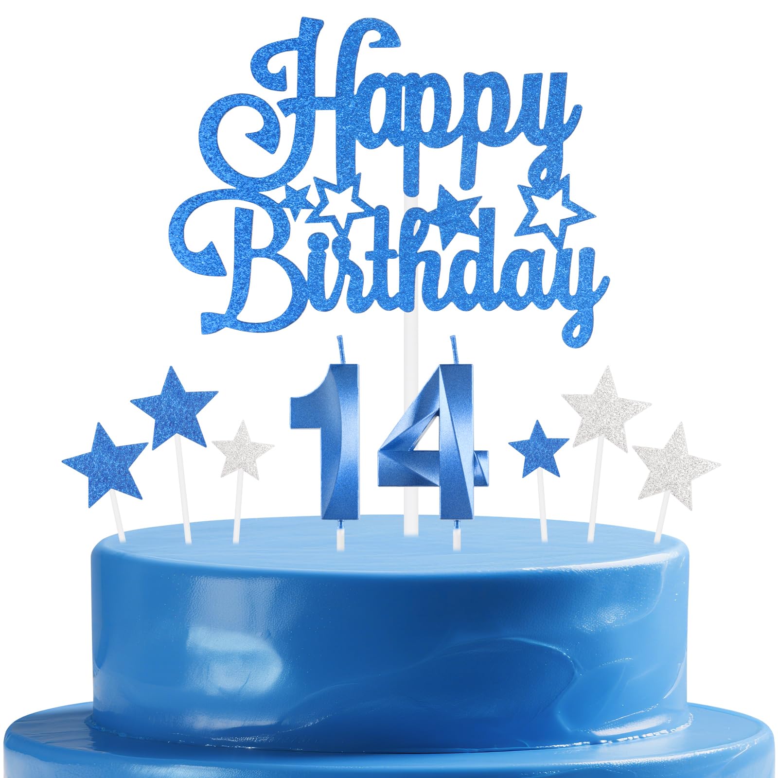 mciskin Royal Blue Birthday Candles Set,Girl Boy 14th Birthday Decorations,Number 14 Candle for Cake,Royal Blue Candles Cake Toppers with Star for Girls Boys Birthday Party Anniversary Decorations